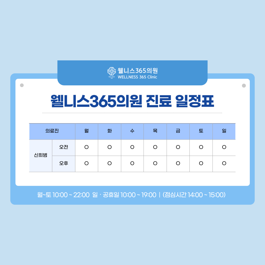 웰니스365의원 진료 일정표. 월요일부터 일요일까지 오전과 오후 모두 진료하며, 월요일부터 토요일은 오전 10시부터 오후 10시, 일요일과 공휴일은 오전 10시부터 오후 7시까지 진료합니다. 점심시간은 오후 2시부터 3시입니다.